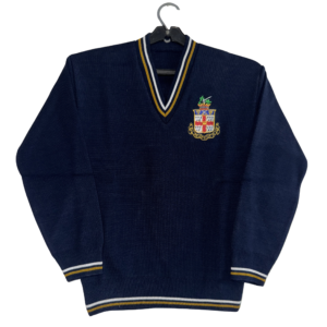 Navy Blue V-Neck School Knit with Custom Embroidered Crest