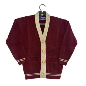 Maroon V-Neck School Cardigan with Contrast Beige Trim