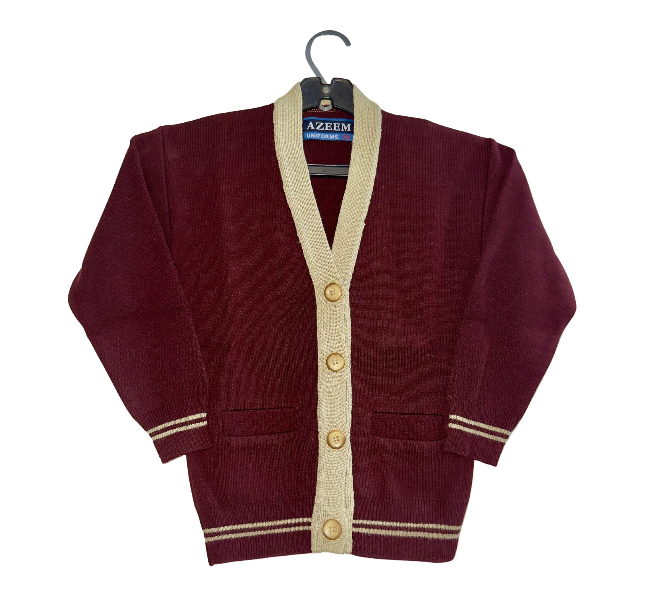 Maroon V-Neck School Cardigan with Contrast Beige Trim